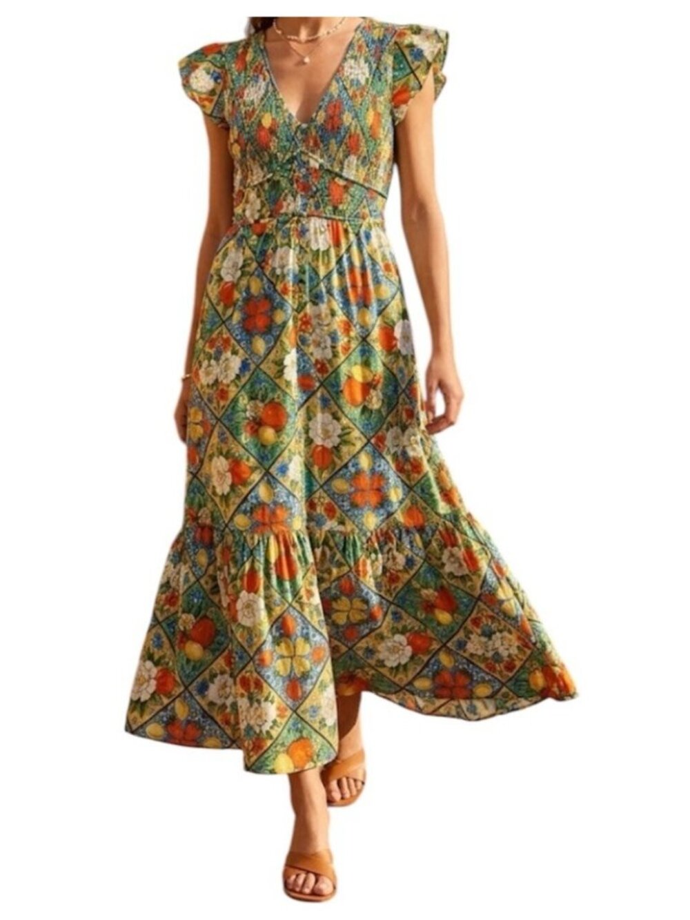Easel Fruit Print Garden Cottagecore Hippie Vacation Tiered Midi Dress Small